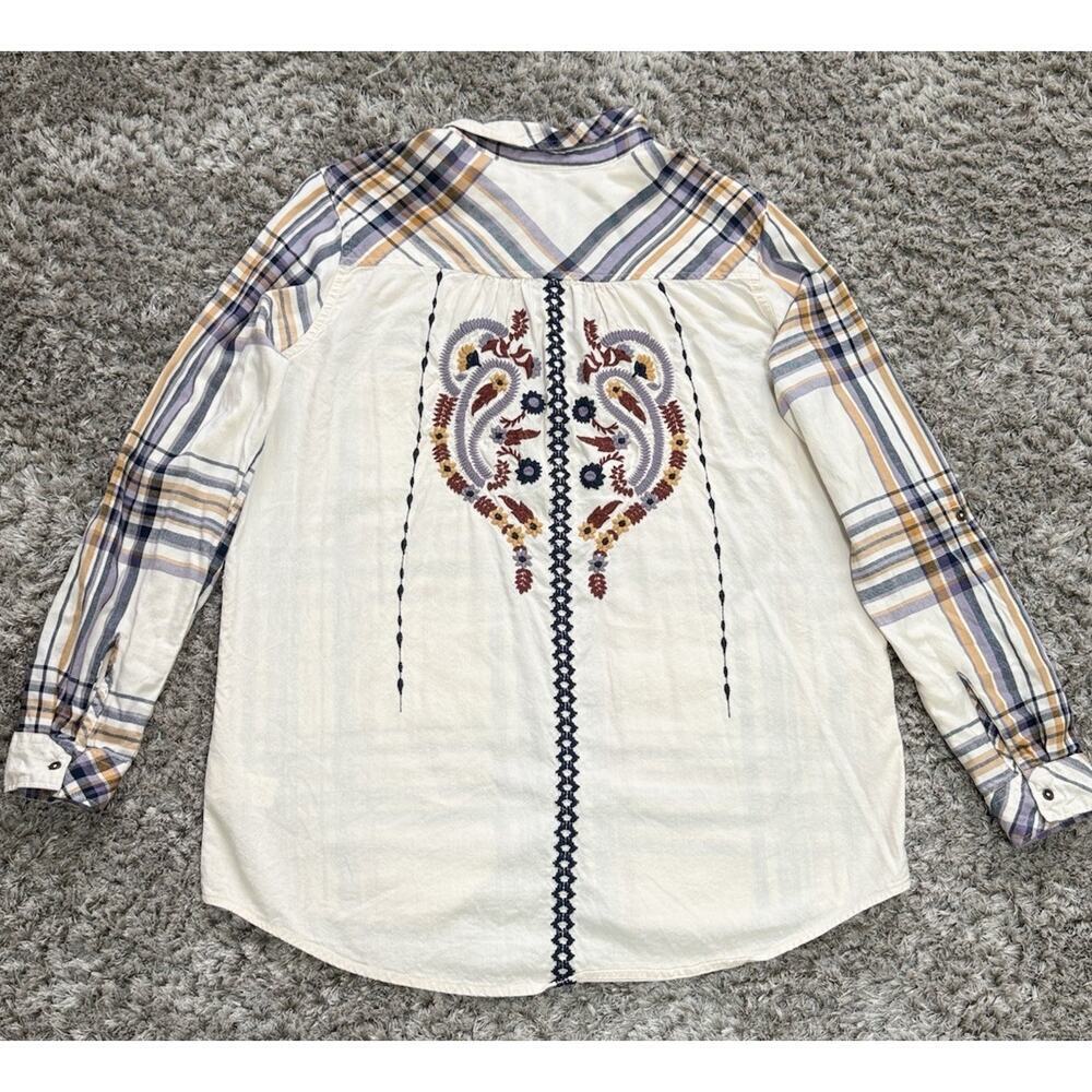 Natural Reflections Plaid Western Shirt Embroidered Women's L Cream Long Sleeve